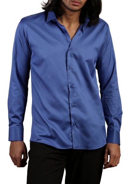 Saks Mavi Dar Kesim Micro Kumaş Kol Düğmeli Slim Fit Erkek Gömlek - 201-14 fiyatları