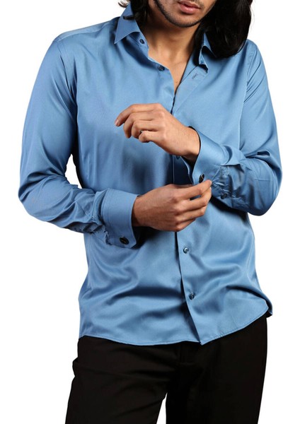 Turkuaz Mavi Dar Kesim Micro Kumaş Kol Düğmeli Slim Fit Erkek Gömlek - 201-18