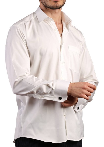 Krem Rahat Kesim Micro Kumaş Kol Düğmeli Regular Fit Erkek Gömlek - 190-10