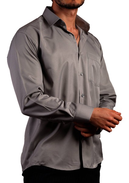 Koyu Gri Rahat Kesim Micro Kumaş Kol Düğmeli Regular Fit Erkek Gömlek - 190-7