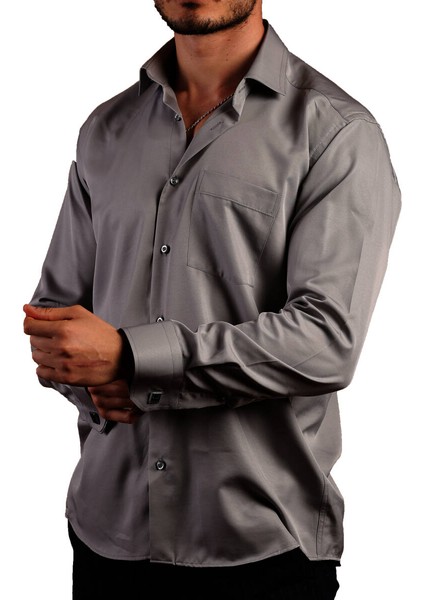 Koyu Gri Rahat Kesim Micro Kumaş Kol Düğmeli Regular Fit Erkek Gömlek - 190-7