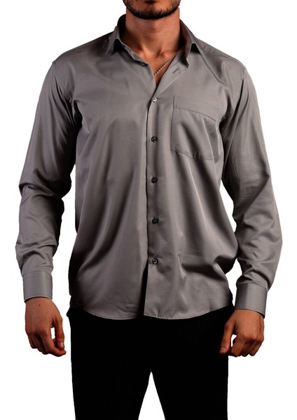 Koyu Gri Rahat Kesim Micro Kumaş Kol Düğmeli Regular Fit Erkek Gömlek - 190-7