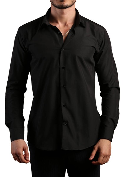 Siyah Dar Kesim Slim Fit Uzun Kol Düz Renk Erkek Gömlek - 151-20