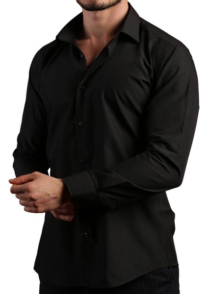 Siyah Dar Kesim Slim Fit Uzun Kol Düz Renk Erkek Gömlek - 151-20 fiyatları