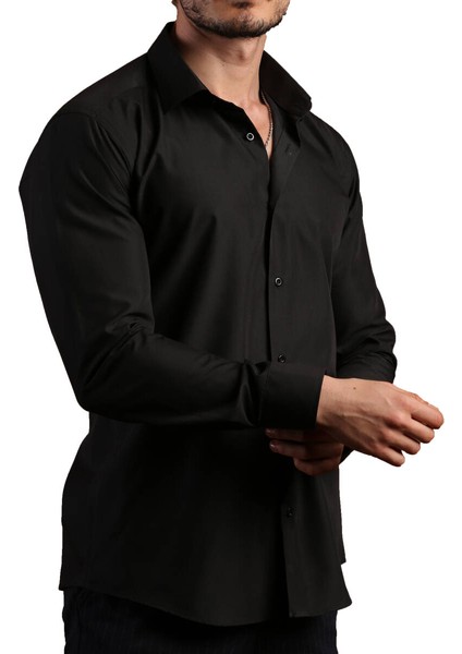 Siyah Dar Kesim Slim Fit Uzun Kol Düz Renk Erkek Gömlek - 151-20 modelleri