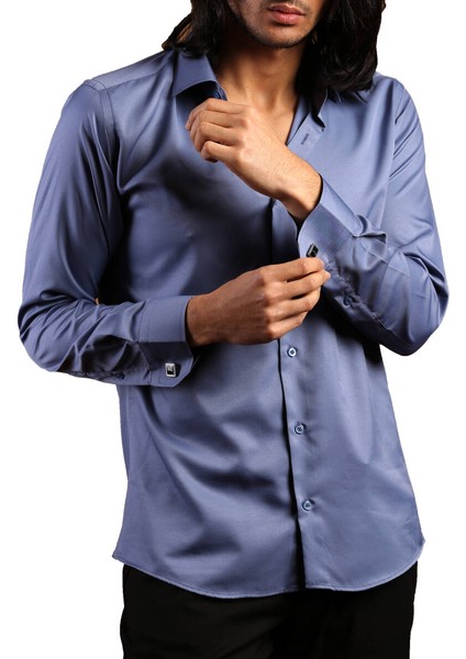 Indigo Dar Kesim Micro Kumaş Kol Düğmeli Slim Fit Erkek Gömlek - 201-5
