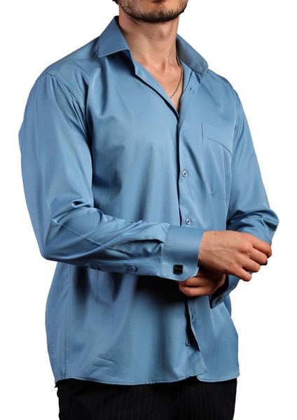 Turkuaz Mavi Rahat Kesim Micro Kumaş Kol Düğmeli Regular Fit Erkek Gömlek - 190-18
