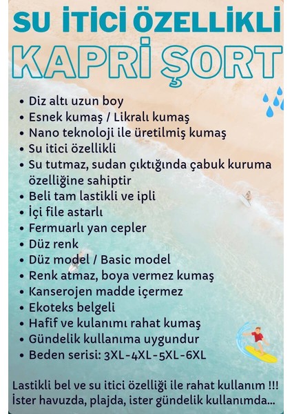Haki Büyük Beden Diz Altı Uzun Model Su Itici Özellikli Likralı Esnek Kumaş Erkek Plaj Deniz Kapri Şort - 941-HAKI