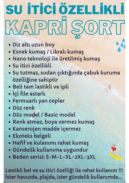Saks Diz Altı Uzun Model Su Itici Özellikli Likralı Esnek Kumaş Erkek Plaj Deniz Kapri Şort - 941-SAKS