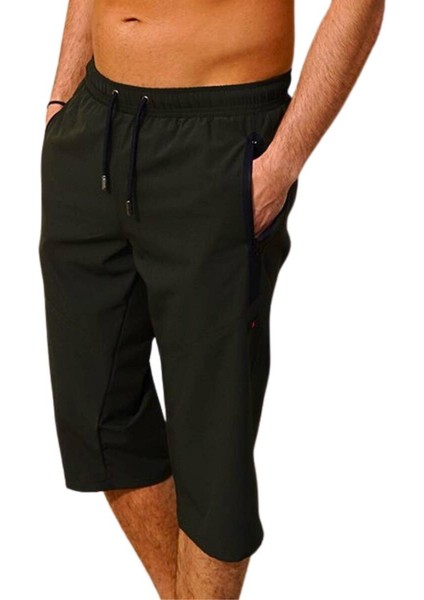 Haki Diz Altı Uzun Model Su Itici Özellikli Likralı Esnek Kumaş Erkek Plaj Deniz Kapri Şort - 941-HAKI