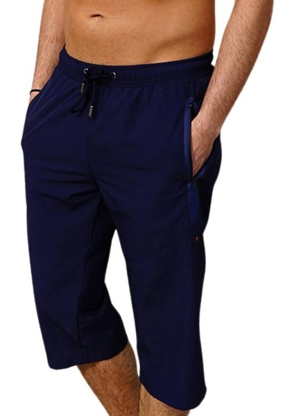 Lacivert Diz Altı Uzun Model Su Itici Özellikli Likralı Esnek Kumaş Erkek Plaj Deniz Kapri Şort - 941-LACIVERT