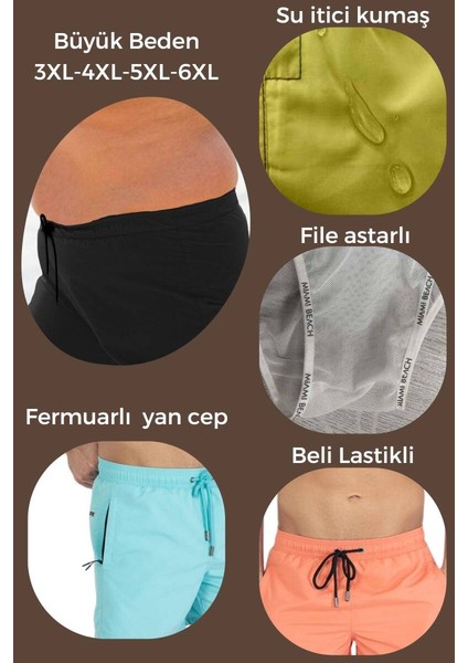 Siyah Büyük Beden Su Itici Özellikli Düz Renk Basic Erkek Plaj Deniz Şort Mayo - 2204-SIYAH