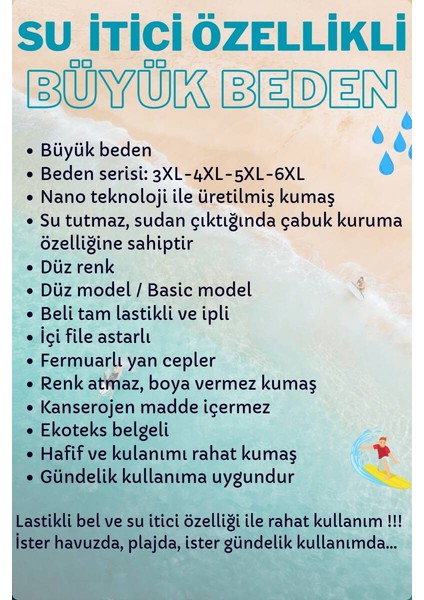 Siyah Büyük Beden Su Itici Özellikli Düz Renk Basic Erkek Plaj Deniz Şort Mayo - 2204-SIYAH