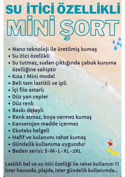 Sarı Kısa Model Su Itici Özellikli Düz Renk Erkek Mini Plaj Deniz Şort Mayo - 2202-SARI