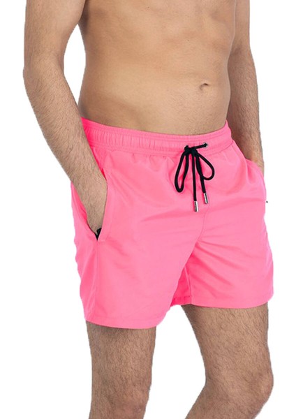 Pembe Su Itici Özellikli Düz Renk Basic Erkek Plaj Deniz Şort Mayo - 301-PEMBE