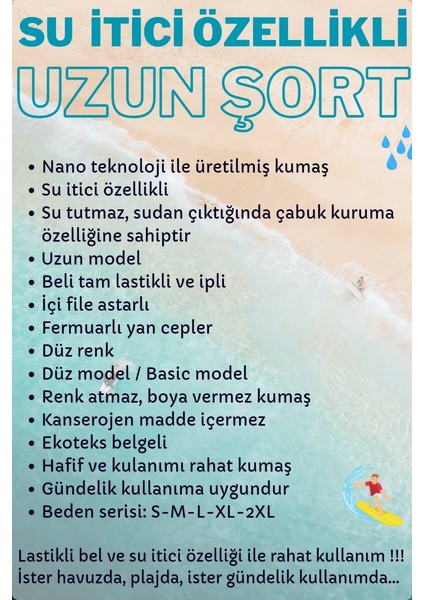 Lacivert Uzun Model Su Itici Özellikli Düz Renk Erkek Plaj Deniz Şort Mayo - 2203-LACIVERT