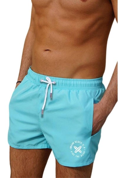 Mint Kısa Model Su Itici Özellikli Düz Renk Erkek Mini Plaj Deniz Şort Mayo - 2202-MINT