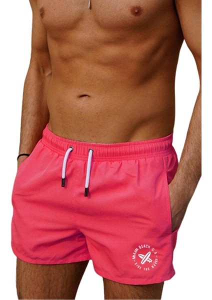 Pembe Kısa Model Su Itici Özellikli Düz Renk Erkek Mini Plaj Deniz Şort Mayo - 2202-PEMBE