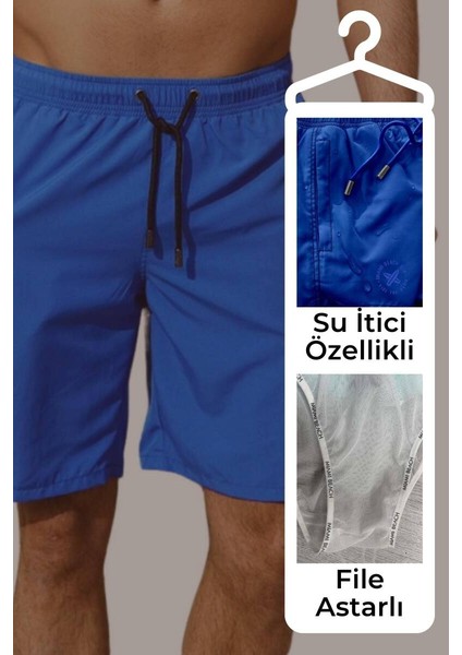 Saks Uzun Model Su Itici Özellikli Düz Renk Erkek Plaj Deniz Şort Mayo - 2203-SAKS