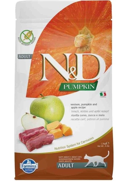 Nd Pumpkin Tahılsız Geyik Etli Bal Kabaklı ve Elmalı Yetişkin Kedi Maması 1.5 kg