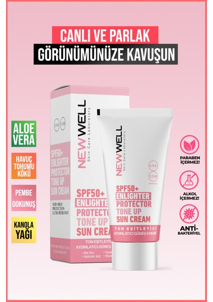 New Well yüksek Koruma Etkili SPF50+ Pembe Yüz Güneş Kremi 50 ml