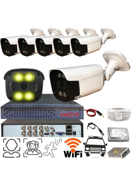 6 Kameralı 1080P Araç Yüz ve İnsan Tanımalı Hareket Algılayan 5 Mp Lens Gece Renkli Gösteren Metal Kasa Güvenlik Kamerası Seti BS2404W