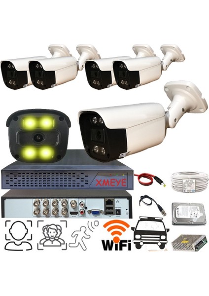 5 Kameralı 1080P Araç Yüz ve İnsan Tanımalı Hareket Algılayan 5 Mp Lens Gece Renkli Gösteren Metal Kasa Güvenlik Kamerası Seti BS2404W