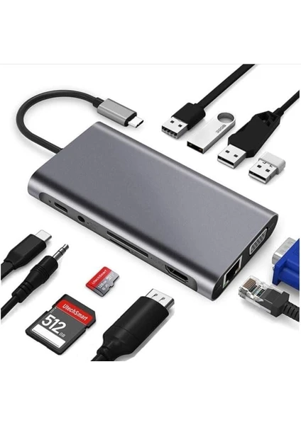 Coverzone Type-C To HDMI Adaptör 11 In 1 Dört USB 3.0 Bağlantı Noktası 4K HDMI VGA Type C Pd Usb3.0 RJ45 Ethernet Sd Tf Kart Okuyucu 3.5mm Aux MacBook Pro Air Uyumlu