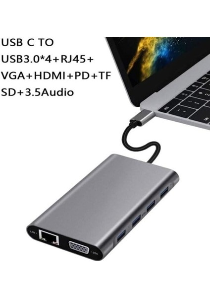 Coverzone Type-C To HDMI Adaptör 11 In 1 Dört USB 3.0 Bağlantı Noktası 4K HDMI VGA Type C Pd Usb3.0 RJ45 Ethernet Sd Tf Kart Okuyucu 3.5mm Aux MacBook Pro Air Uyumlu