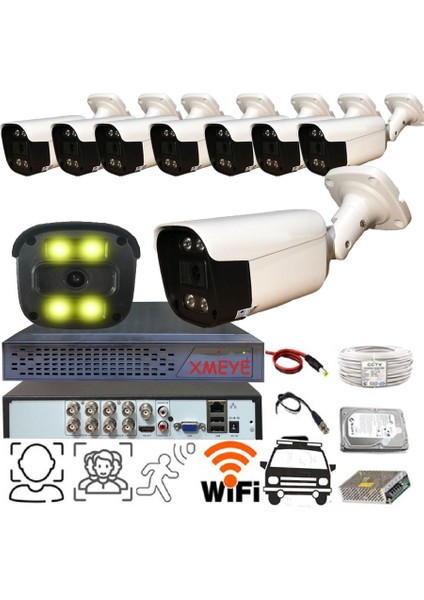 8 Kameralı 1080P Araç Yüz ve İnsan Tanımalı Hareket Algılayan 5 Mp Lens Gece Renkli Gösteren Metal Kasa Güvenlik Kamerası Seti BS2404W