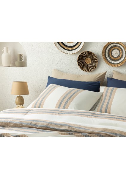Aquatic Te x ture Ipliği Boyalı Tek Kişilik Nevresım Takımı 160 x 220 cm Lacivert - Bej