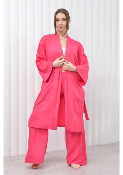 Kadın Keten Cepli Kuşaklı Uzun Kimono-Pantolon İkili Takım  Pembe