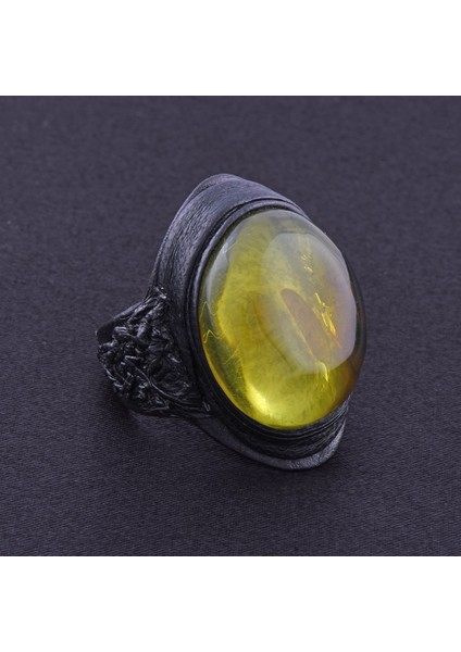 Damla Kehribar Yüzük 5.8 gr Yeşil Taşlı Deri