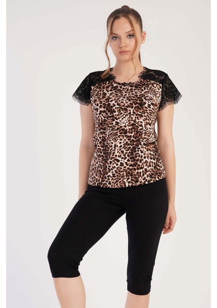 Kadın Vıscon Kısa Kol Dantelli Kaprili Pijama Takım