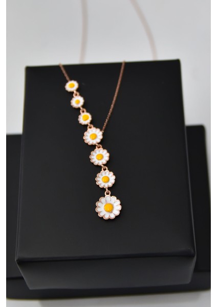 925 Ayar Gümüş Rose Kaplama Mineli Sıralı Papatya Kolye