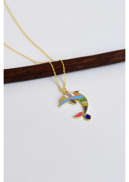 925 Ayar Gümüş Altın Kaplama Renkli Mineli Yunus Balığı Kadın Kolye fiyatları