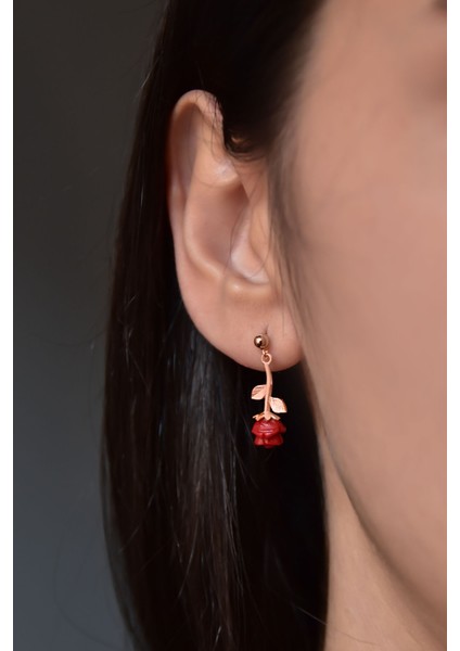 925 Ayar Gümüş Rose Kaplama Çift Kırmızı Gül Kadın Çivili Küpe