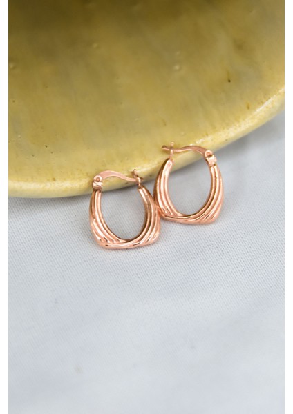 925 Ayar Gümüş Rose Kaplama Çizgi Desenli Drop Klipsli Kadın Küpe fiyatları