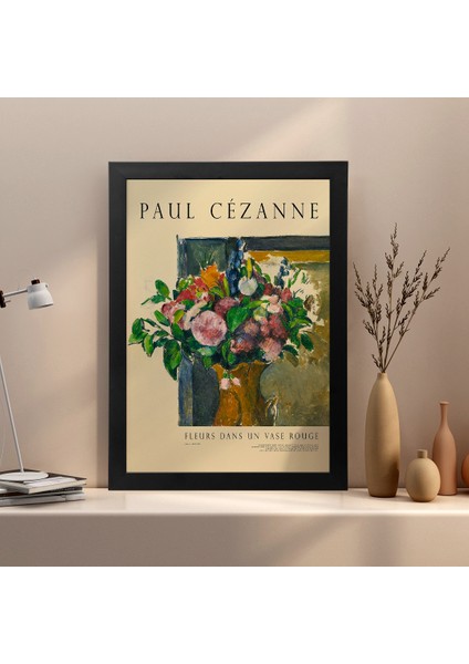 Paul Cézanne Kırmızı Vazoda Çiçekler Siyah Çerçeveli Tablo