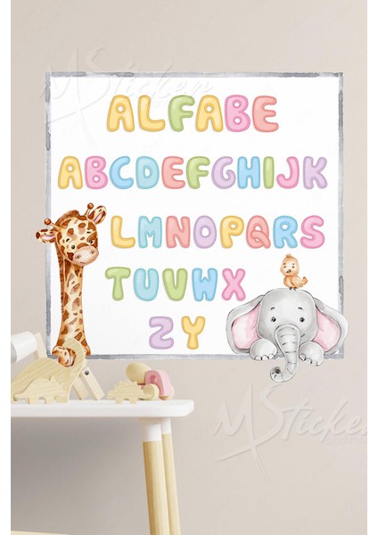 Alfabe Sticker Seti Zürafa ve Filli 30X30 cm Cam Duvar Sticker Seti