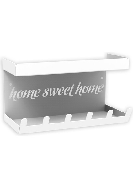 HOME SWEET HOME Duvara Monte Raflı ve 6 Kancalı Anahtarlık Askılık - Beyaz