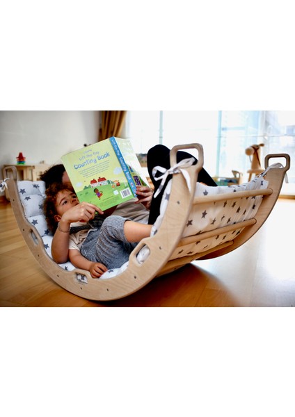 Pikler Tırmanma Seti | Ahşap Oyuncak | montessori Dönence ve Yastığı | kemer & Taşlı Rampa & Yıldız Desenli Yastık