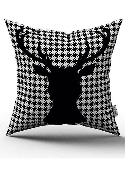 Siyah Beyaz Kazayağı ve Geyik Desenli Dijital Baskılı Kırlent Kılıfı