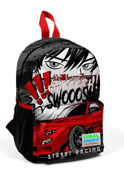 Minik Yuva Sırt Çantası Siyah Kırmızı Anime Araba Desenli Iki Bölmeli 23547