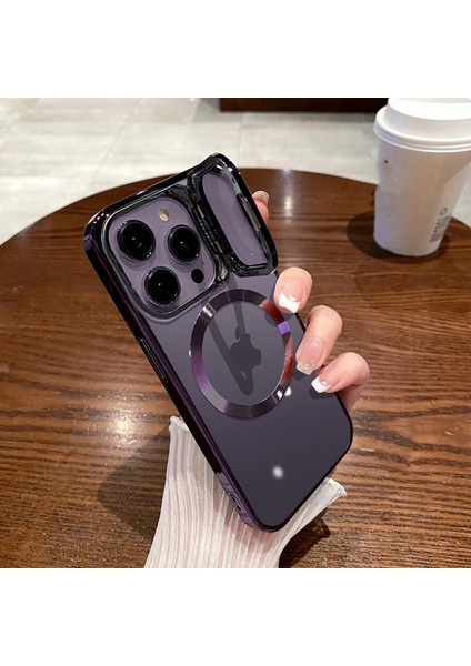 Apple iPhone 14 Pro Kılıf Standlı Magsafeli Cam Kapak Kamera Korumalı Derin Mor