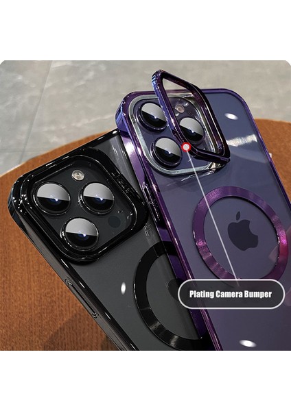 Apple iPhone 14 Pro Kılıf Standlı Magsafeli Cam Kapak Kamera Korumalı Derin Mor modelleri