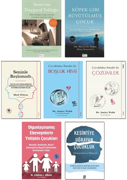 – Anne’nin Duygusal Yokluğu + Köpek Gibi Büyütülmüş Çocuk + Seninle Başlamadı + Çocuklukta İhmalin İzi Boşluk Hissi + Çözümler + Kesintiye Uğrayan Çocukluk – 7 Kitap Gelişim Seti