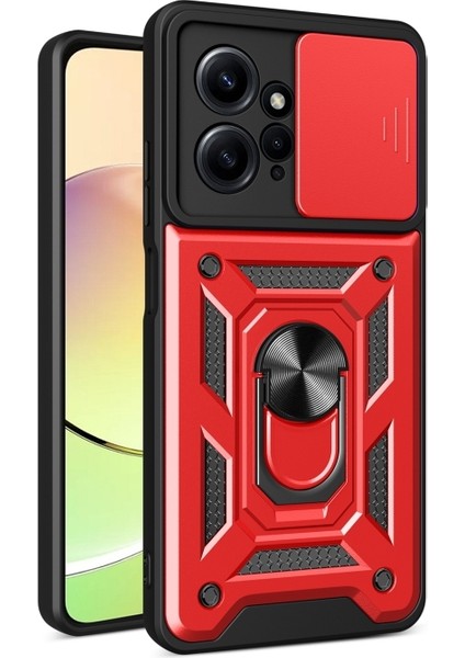 Xiaomi Redmi Note 12 4g Kılıf Sert Silikon Tank Aramid Sürgülü Vega Yüzüklü Kırmızı