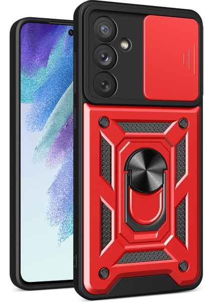 Galaxy M14 Kılıf Sert Silikon Tank Aramid Sürgülü Vega Yüzüklü Kırmızı