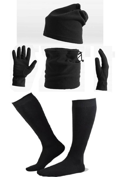 Erkek Polar Set Boyunluk+Eldiven+Bere+Çorap 4'lü Kışlık Set